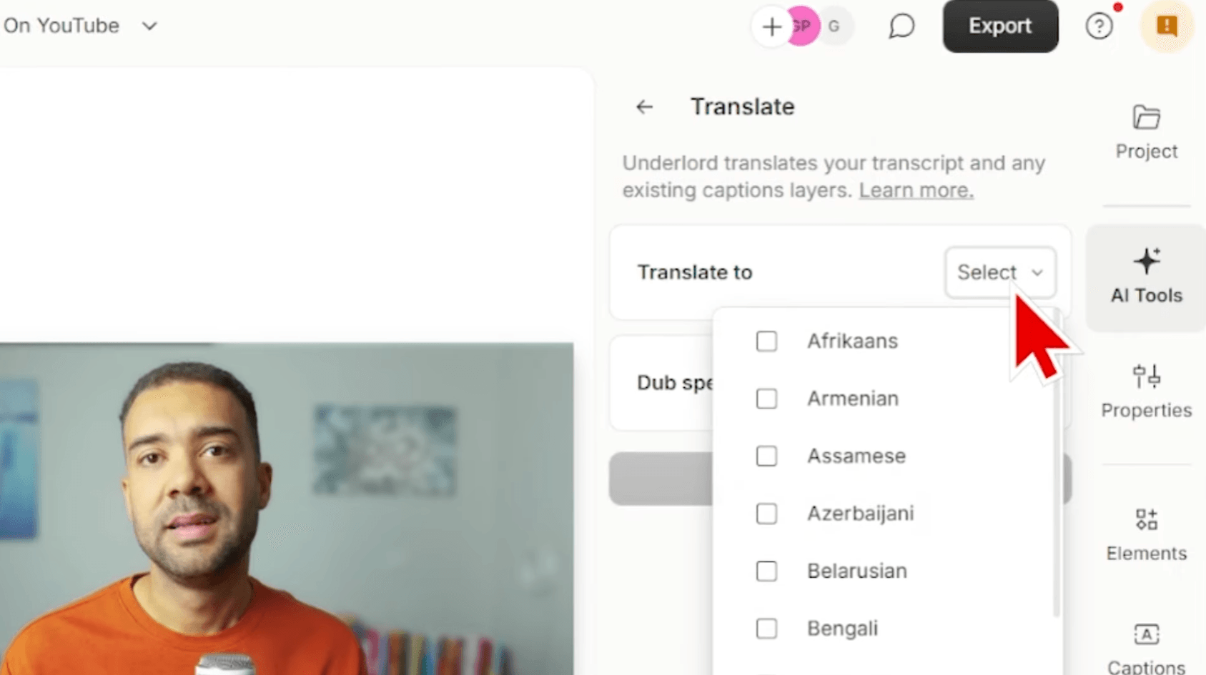 Translate panel with language selection and dub options