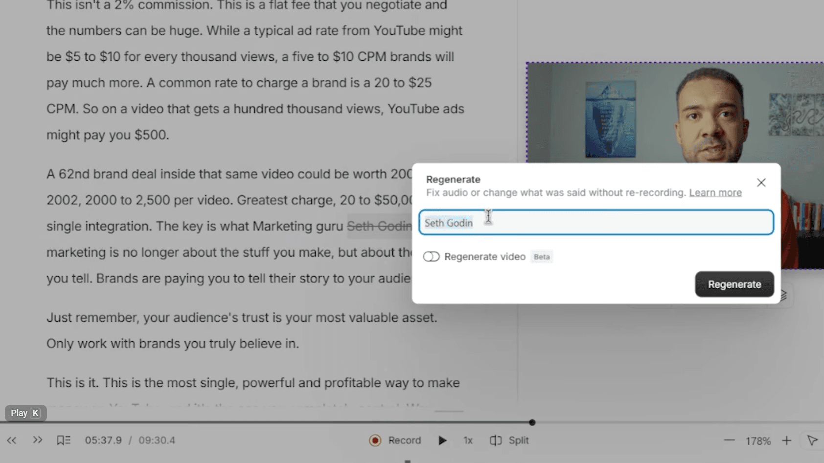 Regenerate edit on a highlighted word in the script