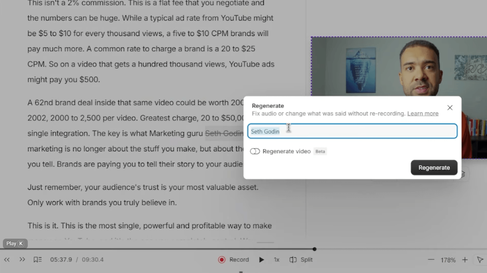 Regenerate edit on a highlighted word in the script