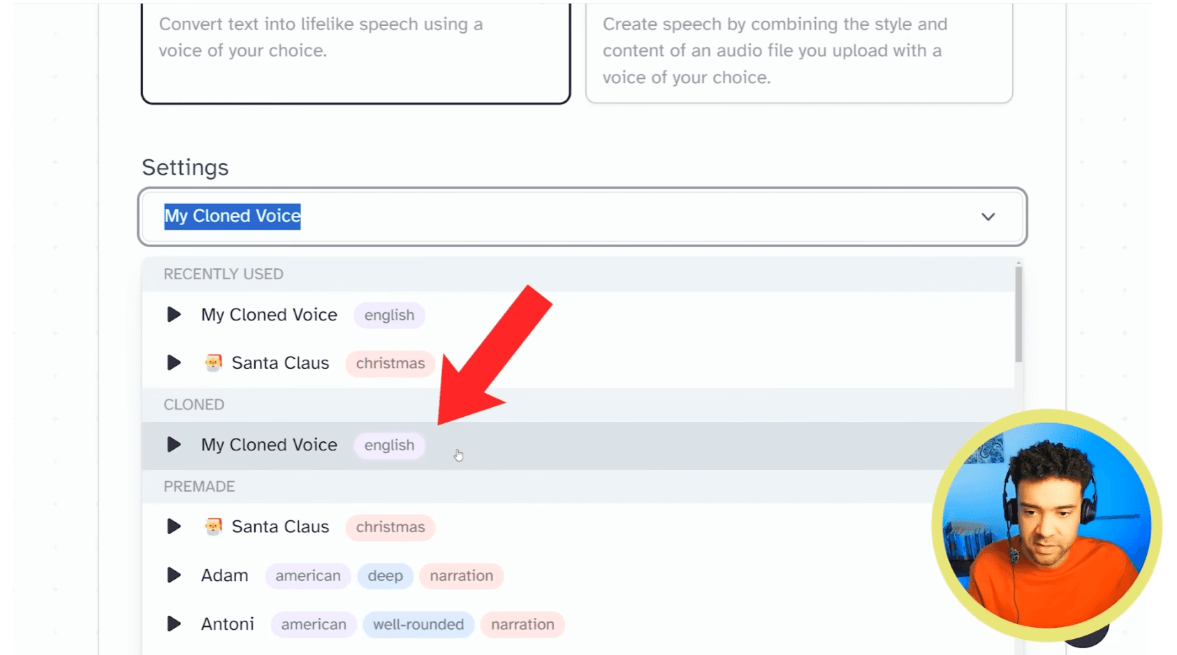 ElevenLabs text to speech screen with voice selected