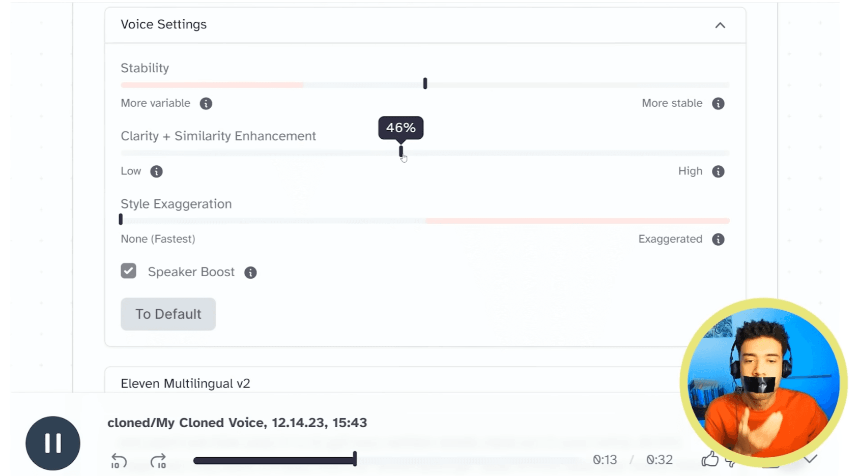ElevenLabs voice settings with similarity control