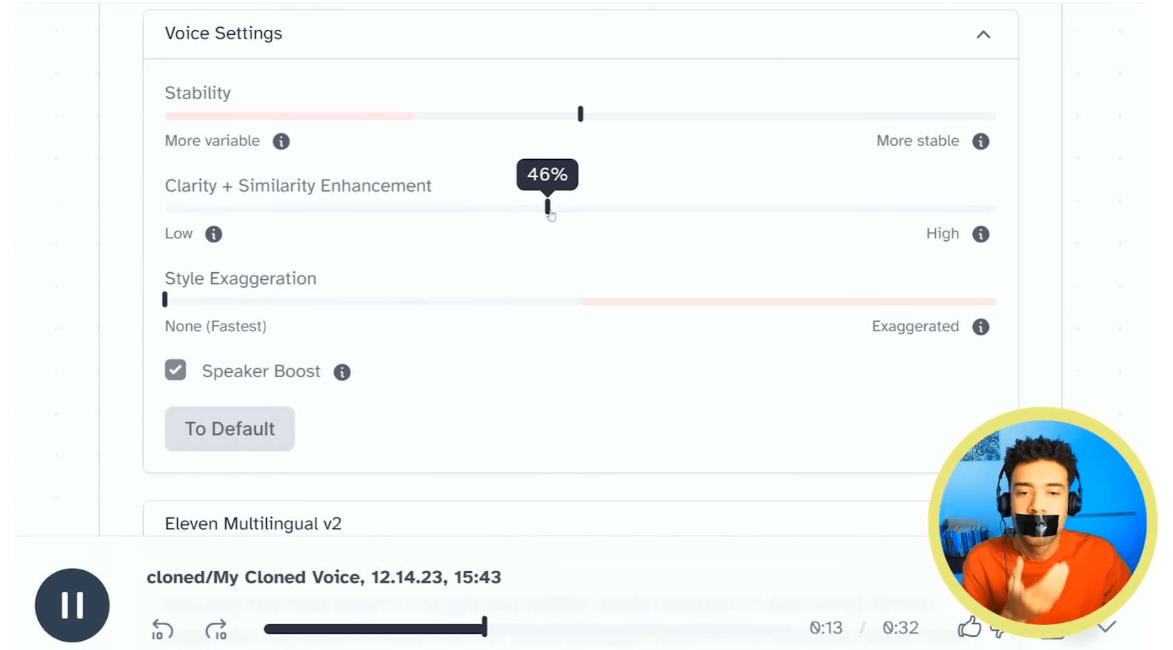 ElevenLabs voice settings with similarity control