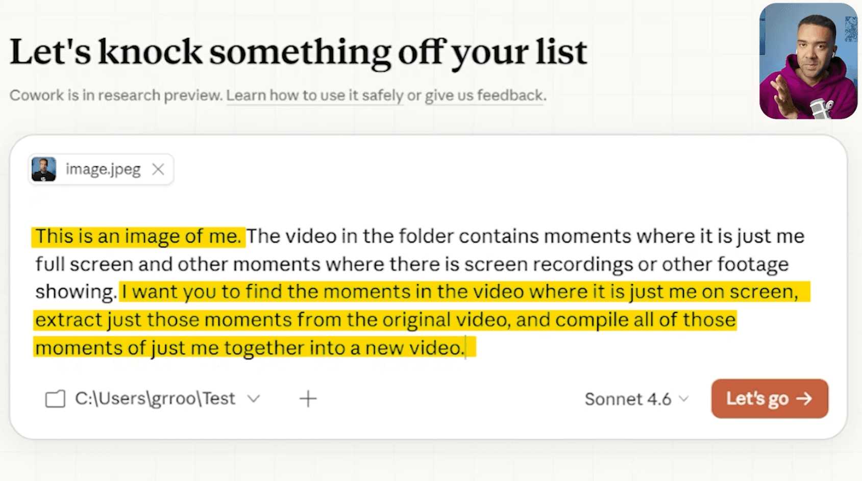 Claude Cowork using a reference image to isolate full-screen shots