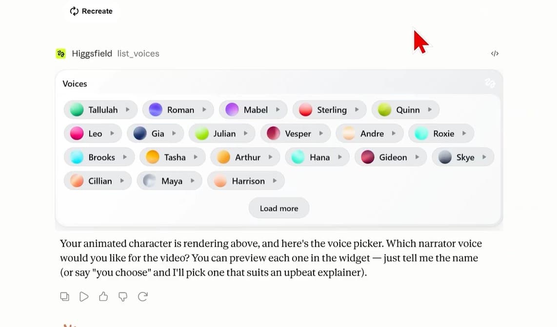 Voice library selection screen inside Claude
