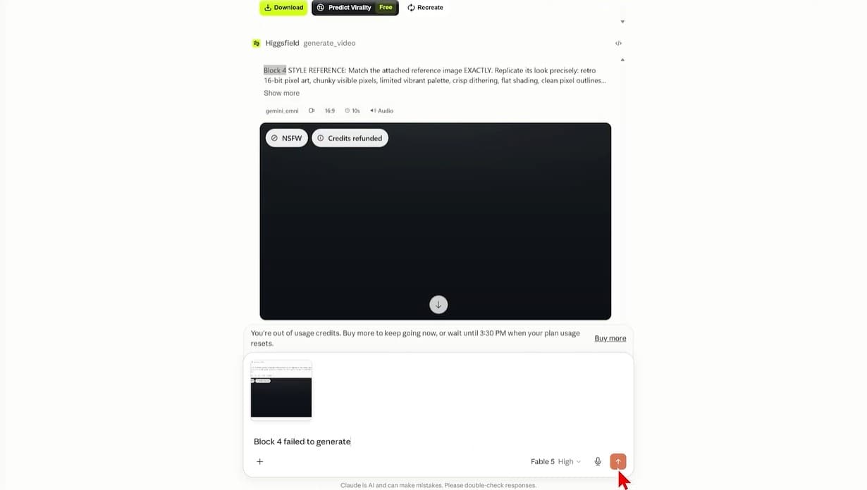Failed shot screenshot pasted into Claude with the fix message