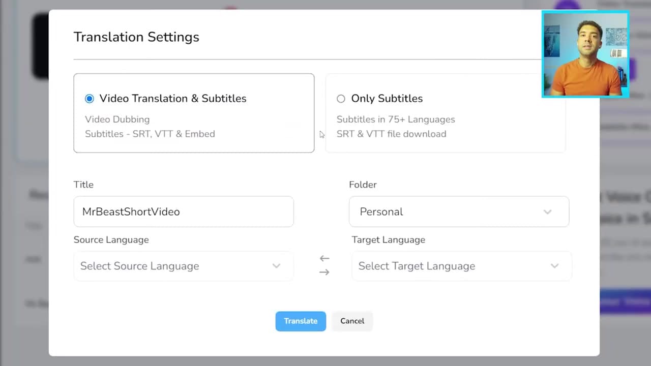 Selecting the source and target languages on Translate.Video
