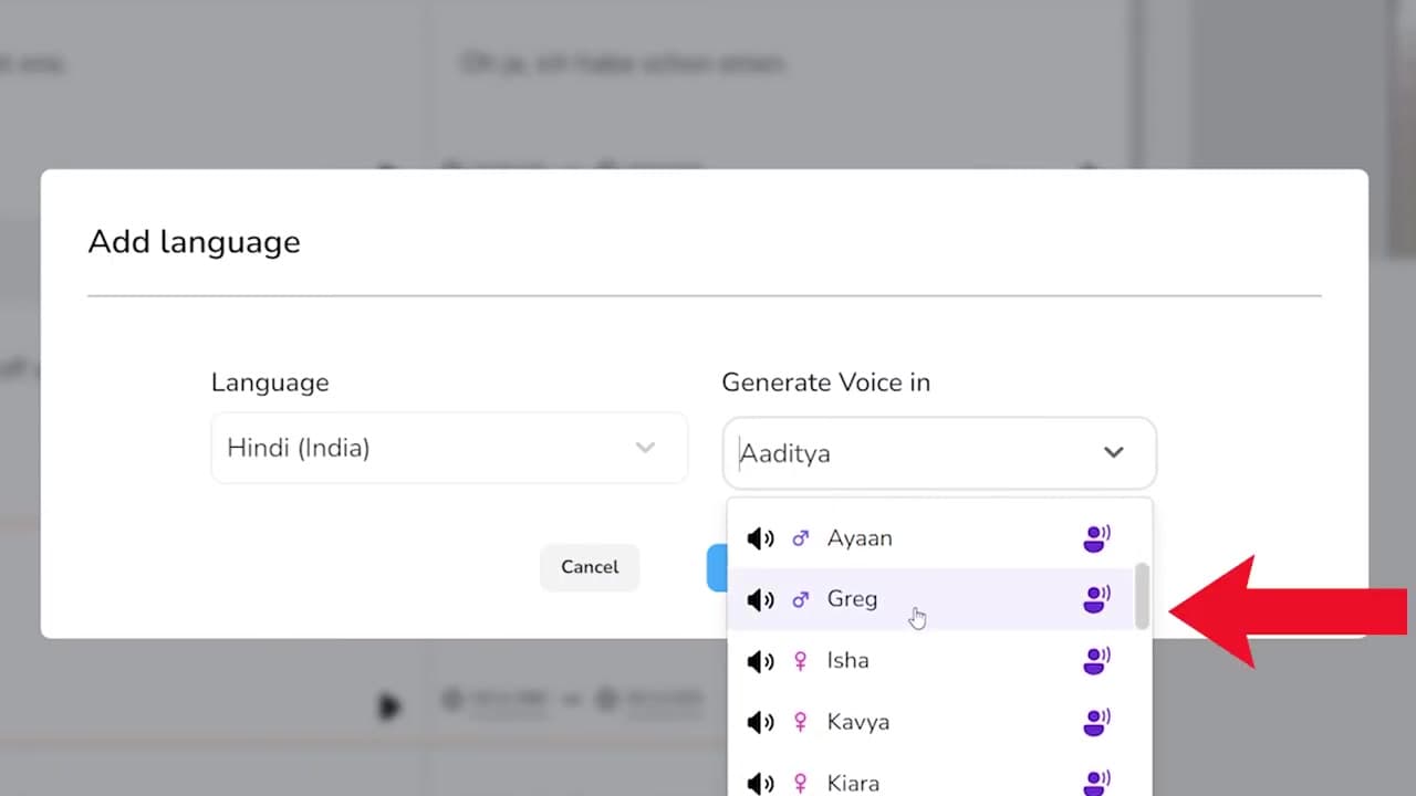 Selecting a cloned custom voice in the target language settings
