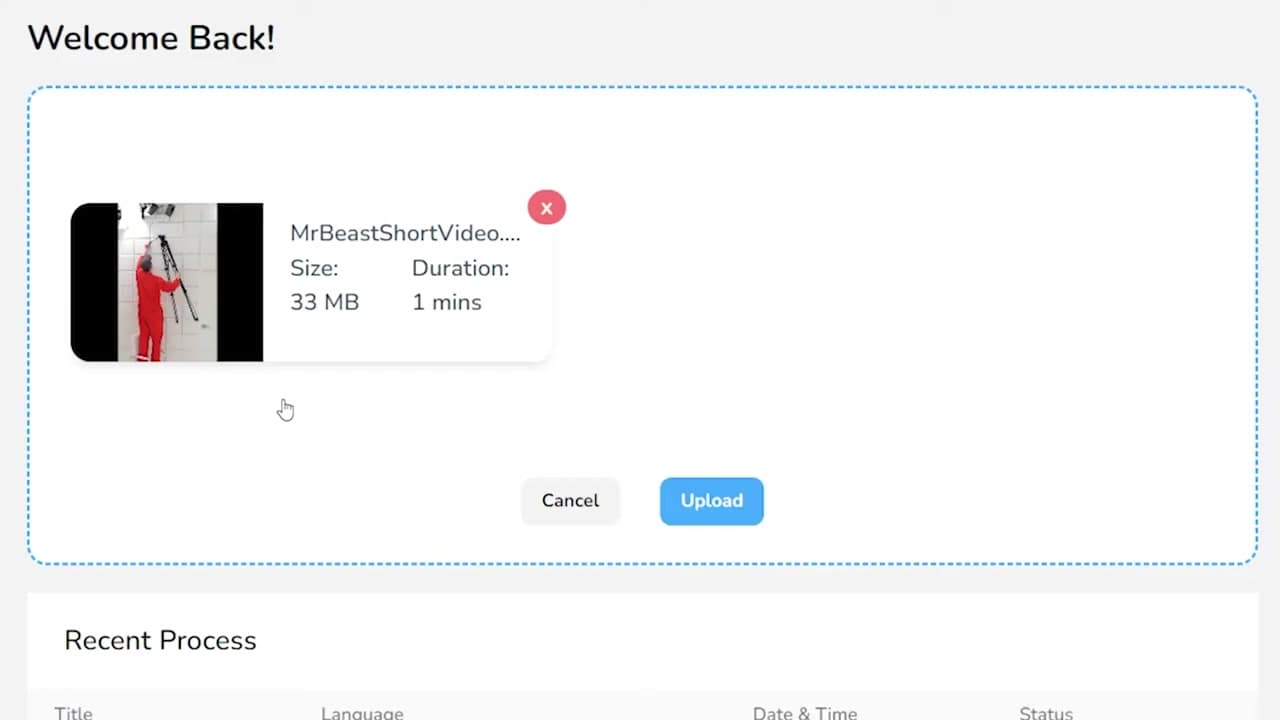 The Translate.Video upload dashboard with a 33 megabyte video file selected