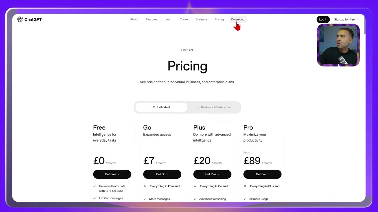 Downloading ChatGPT Desktop App from Pricing Page