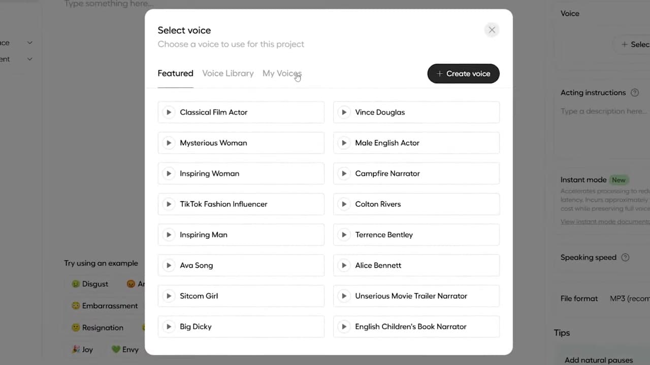 Selecting pre-made voices in the Hume AI playground interface