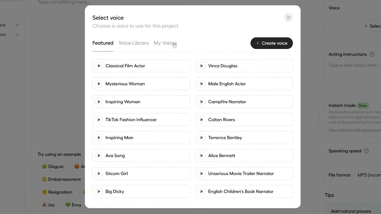 Selecting pre-made voices in the Hume AI playground interface