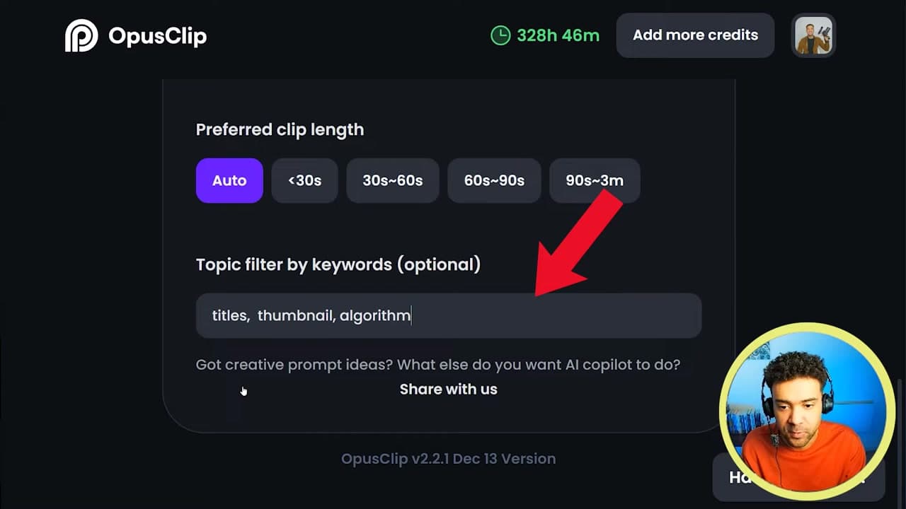 Opus Clip topic-based prompting interface