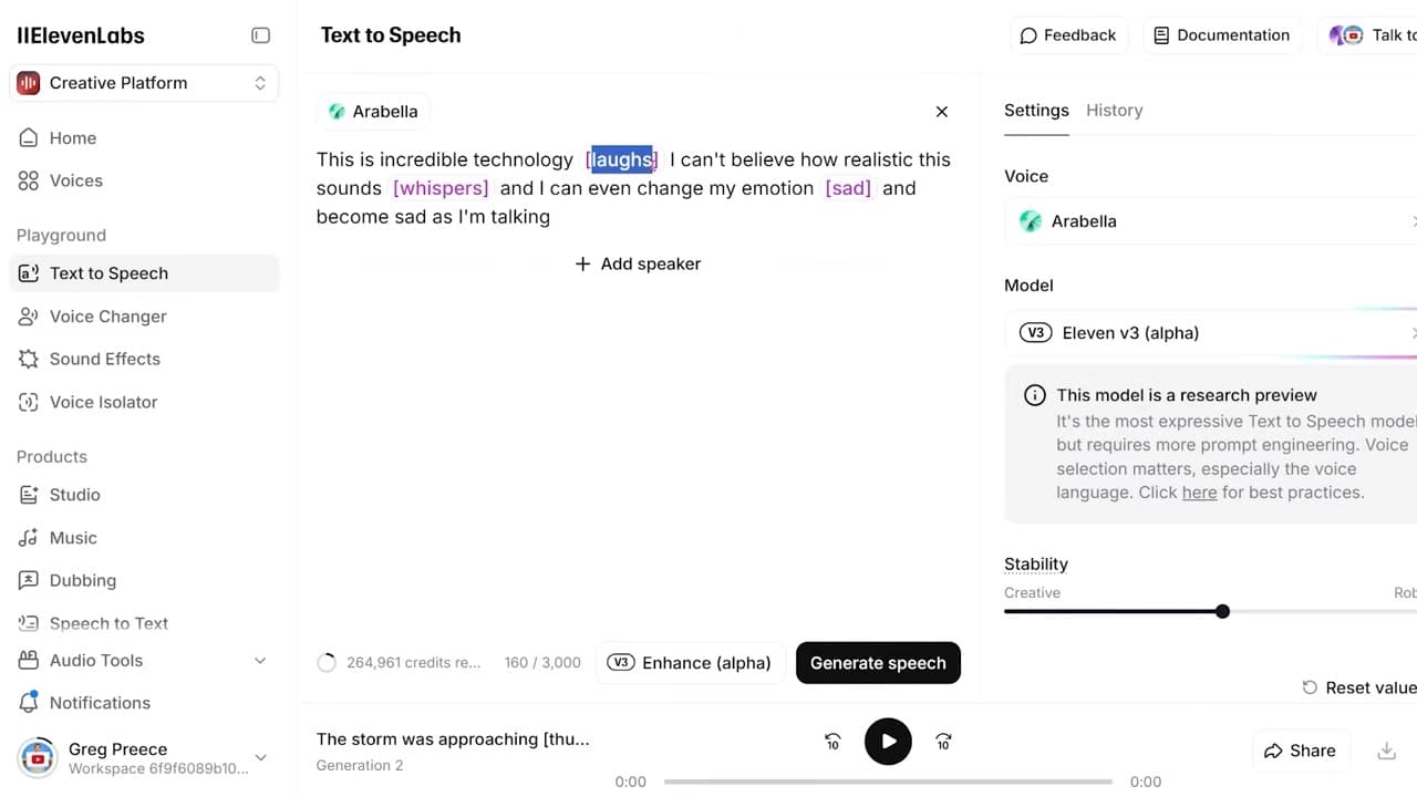 The Text to Speech text editor with inline emotional audio tags