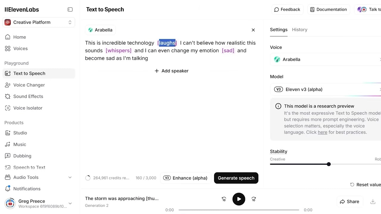 The Text to Speech text editor with inline emotional audio tags