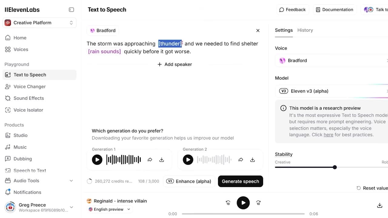 The script editor showing inline sound effect tags
