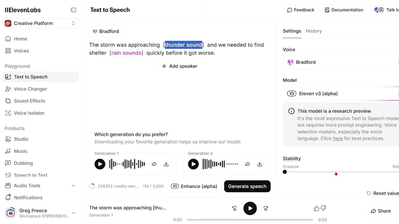 Adjusting the creativity settings slider inside ElevenLabs