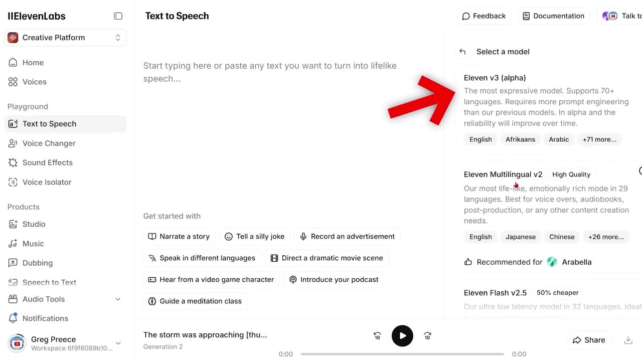 ElevenLabs interface with the V3 model selected in the model dropdown