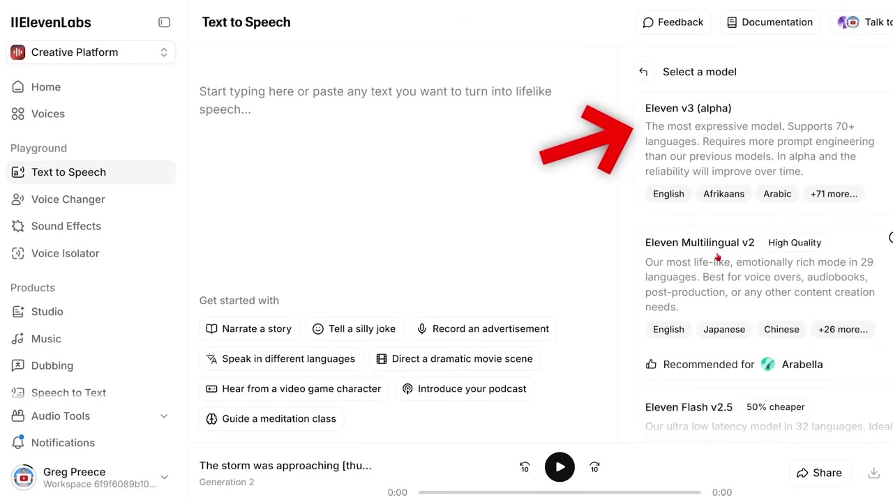 ElevenLabs interface with the V3 model selected in the model dropdown