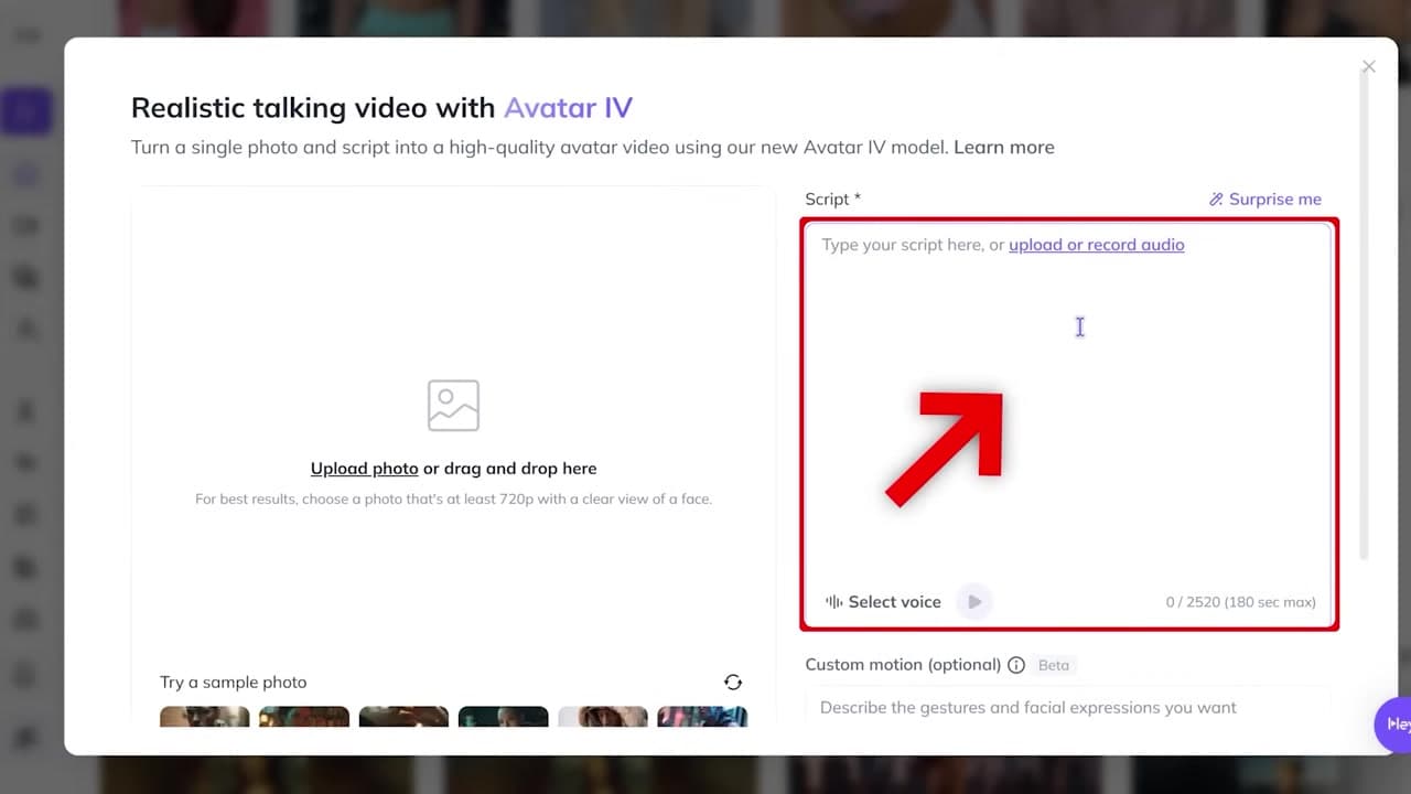Script box for text or audio upload