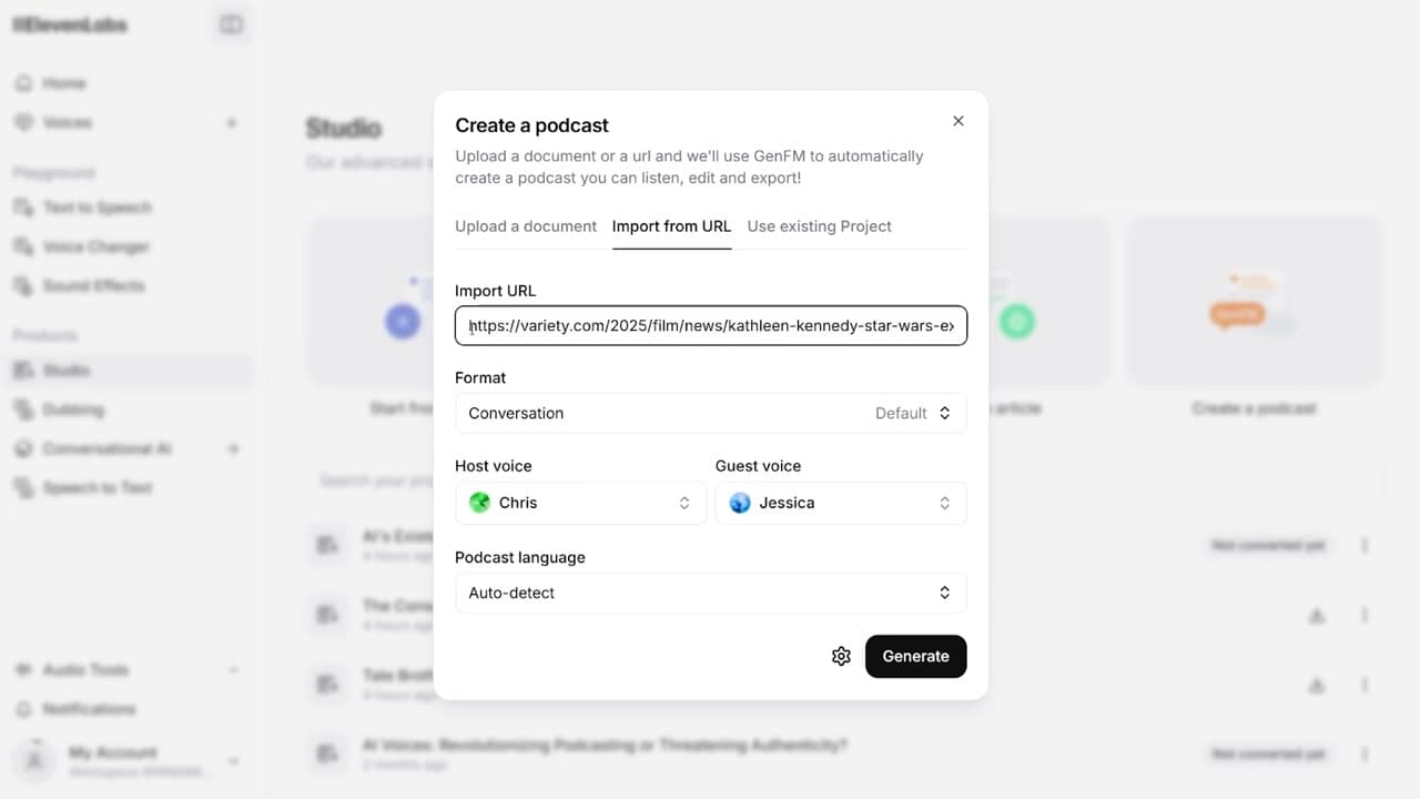 Setting up the source document or URL in ElevenLabs GenFM