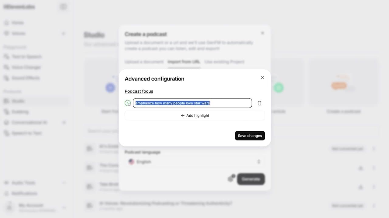 Advanced creative direction settings inside the ElevenLabs cog menu