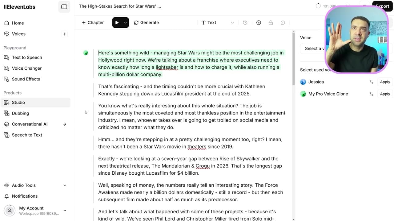Color-coded script editing in ElevenLabs Studio