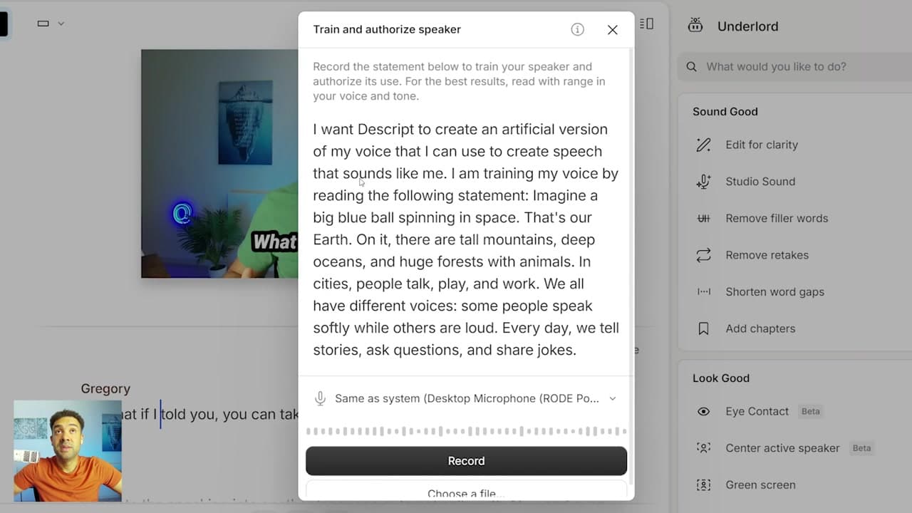 Recording a voice sample to clone speech in Descript
