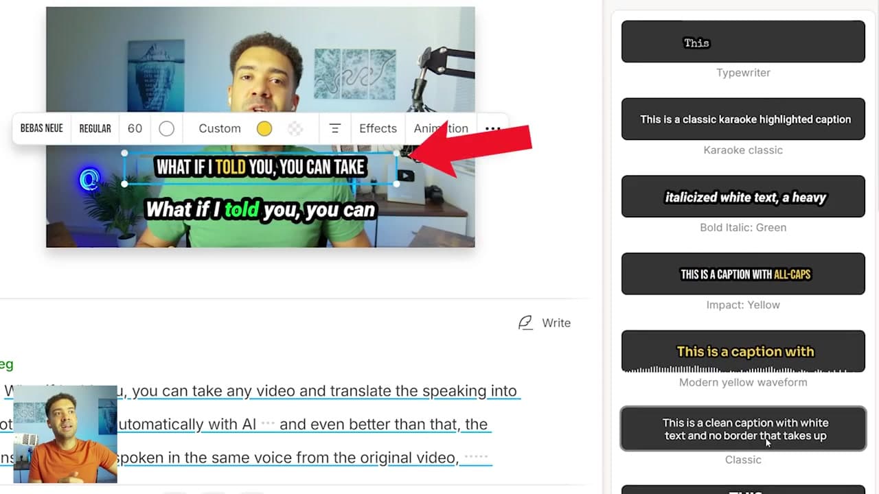 Applying styled captions in Descript