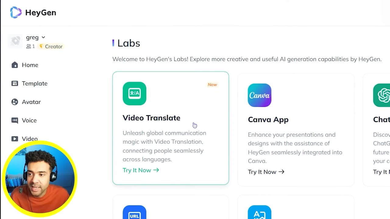 HeyGen dashboard navigating to Video Translate in Labs section