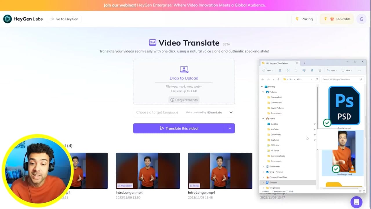 Dragging and dropping video file into HeyGen translator