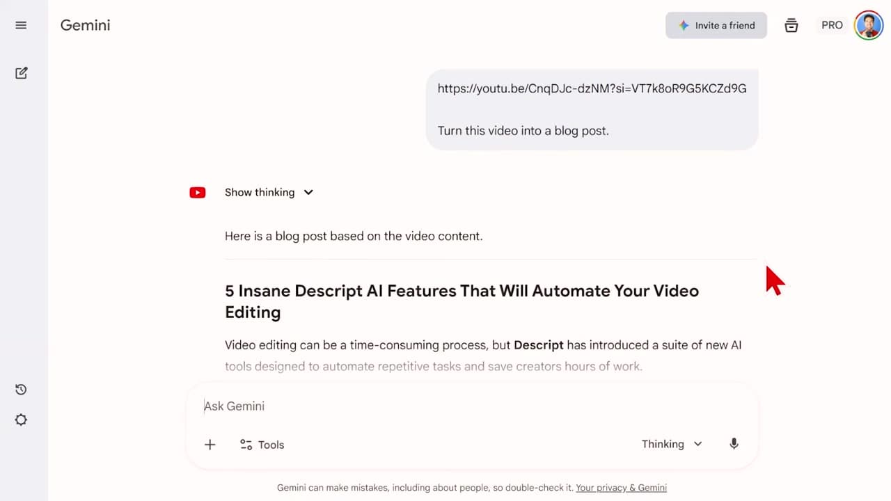 Converting a YouTube video to an SEO blog post in Google Gemini