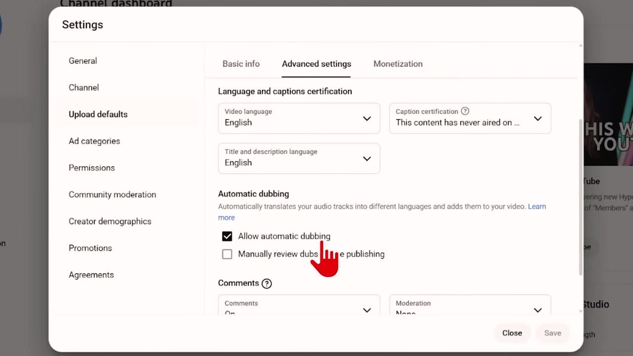 Enabling automatic dubbing in YouTube Studio upload settings