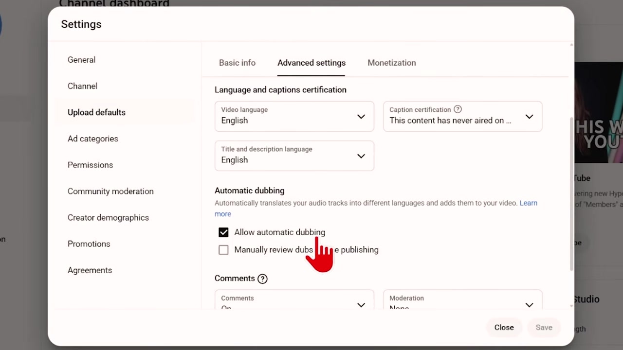 Enabling automatic dubbing in YouTube Studio upload settings