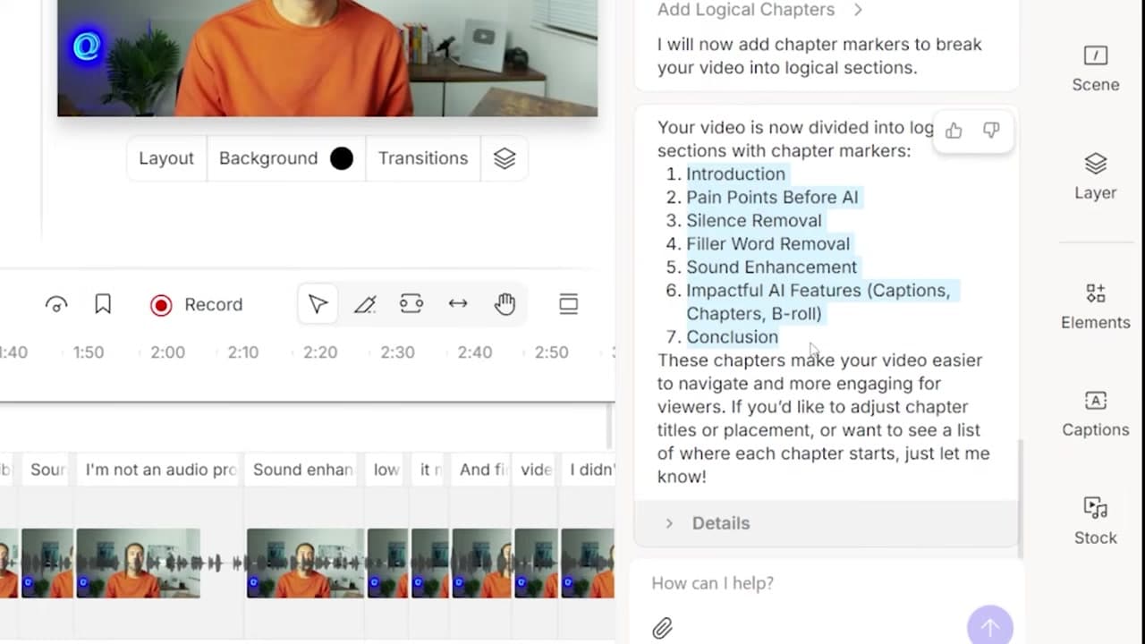 Descript workspace showing automated chapter generation on the left sidebar