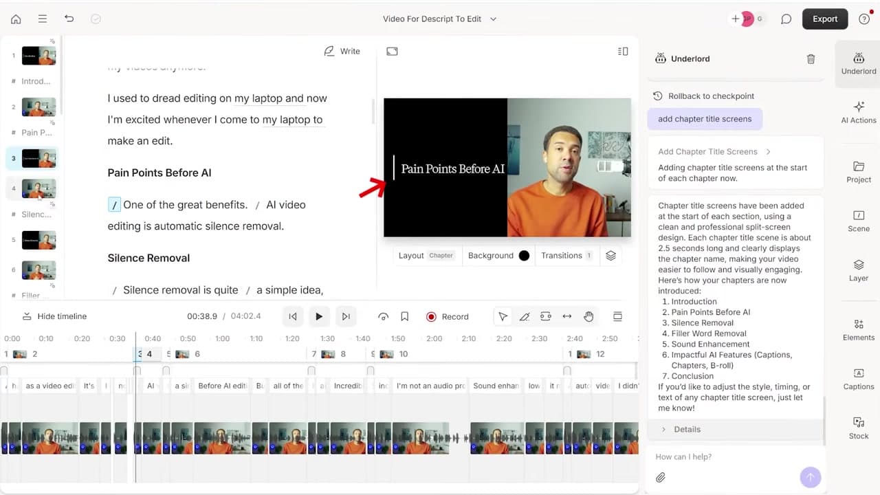Scene panel showing generated chapter title slides added to the video