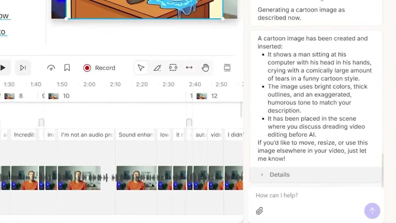 AI-generated cartoon graphic inserted onto the Descript canvas and resized