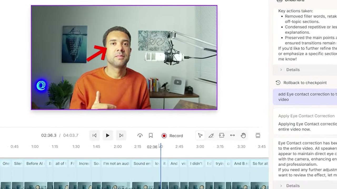 Before and after comparison of Descript eye contact correction