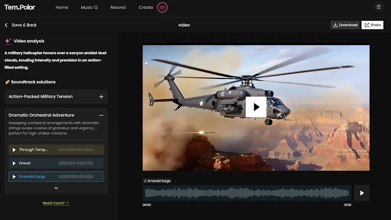 Tempolor Resona AI video matching engine demonstrating recommended soundtracks for a military helicopter clip