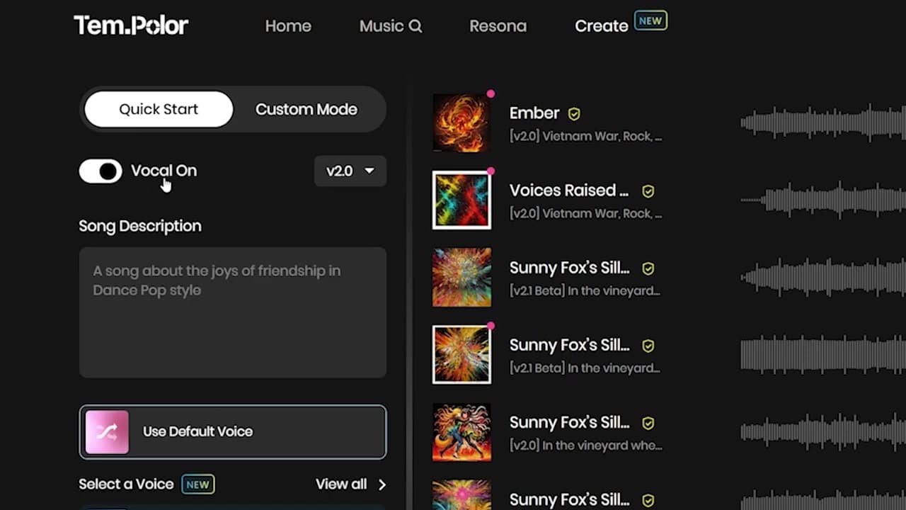 Tempolor Quick Start song generator mode inside the create dashboard