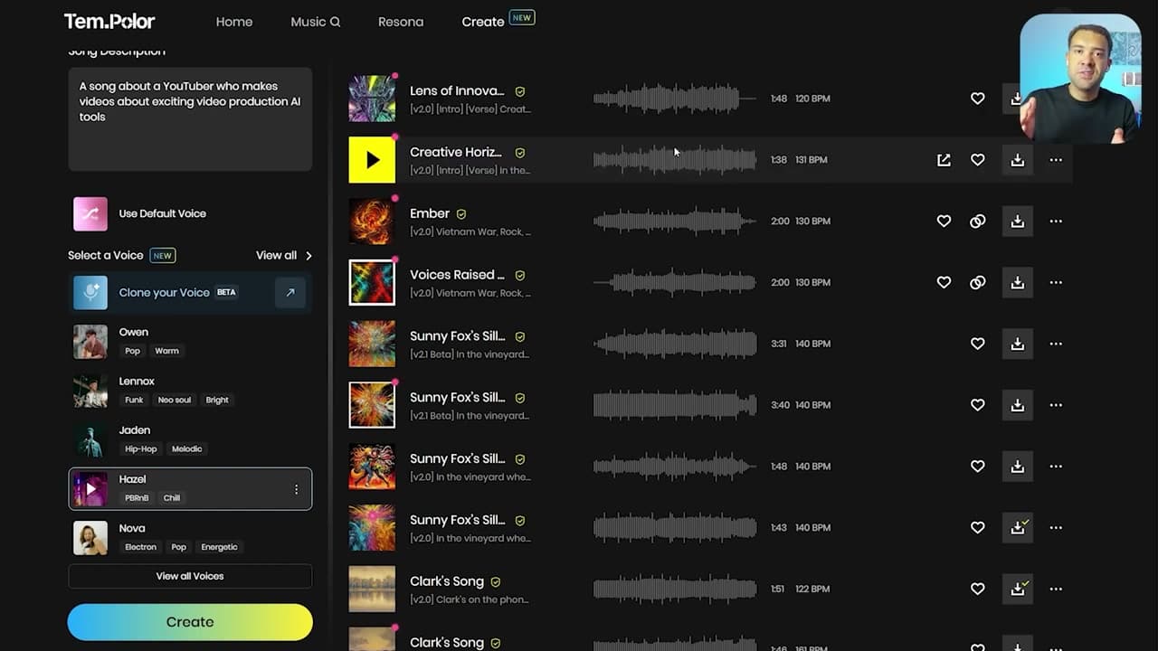 Two generated AI song results populated in under 60 seconds inside the Tempolor interface