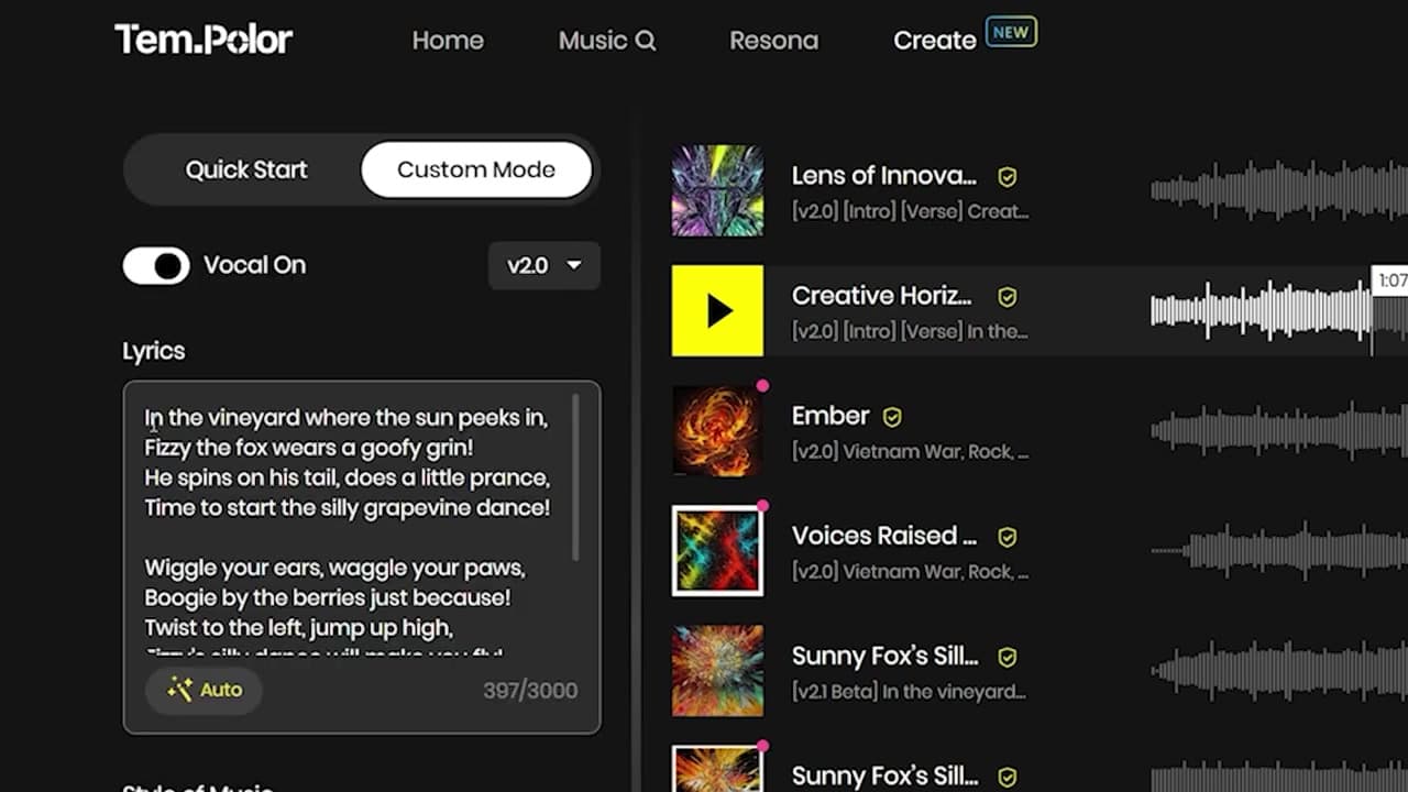 Custom mode interface inside the Tempolor dashboard showing lyrics and music style boxes