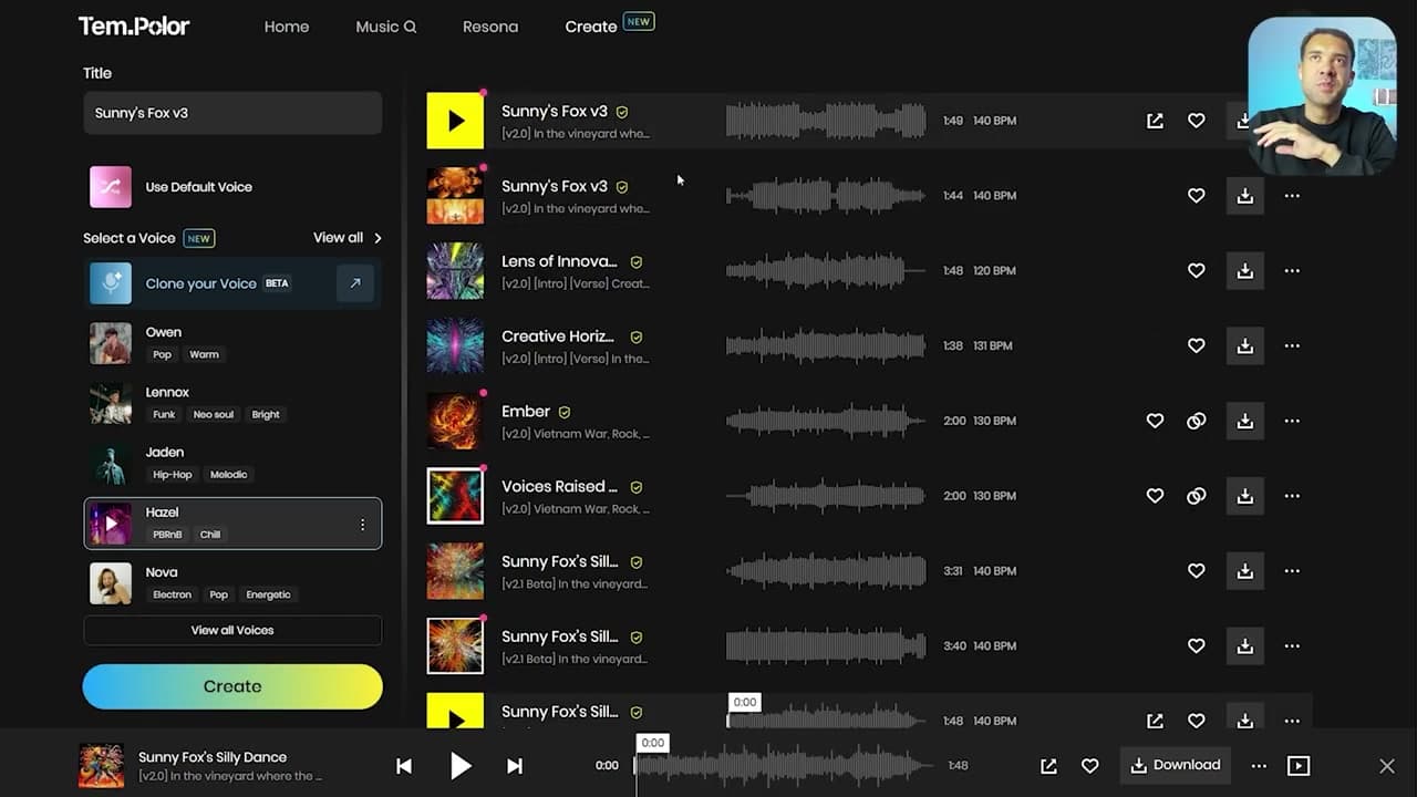 My generated Sunny's Fox song variations showing in the user's history