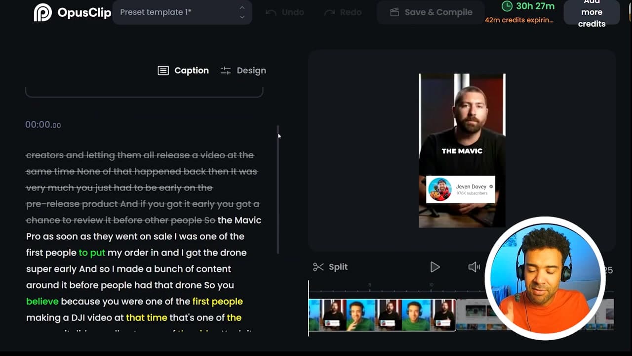 Word-by-word text-based editing interface in Opus Clip