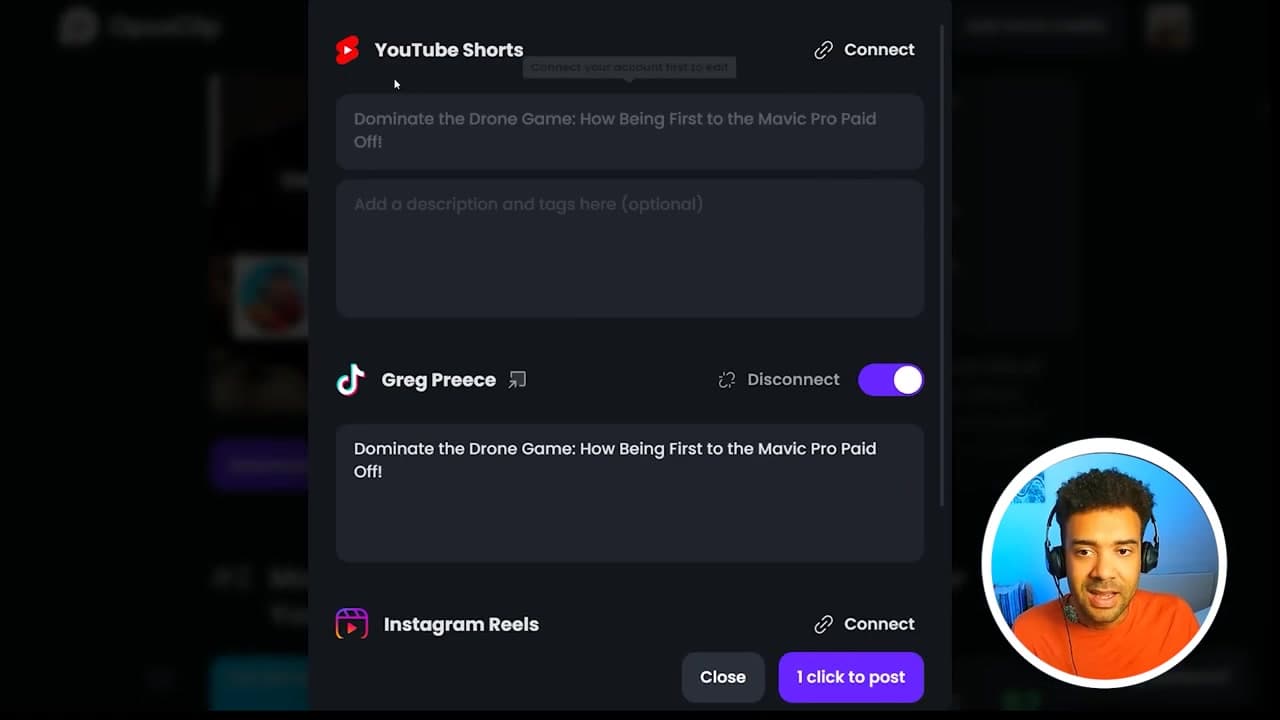 Connecting YouTube, TikTok, and Instagram accounts in Opus Clip