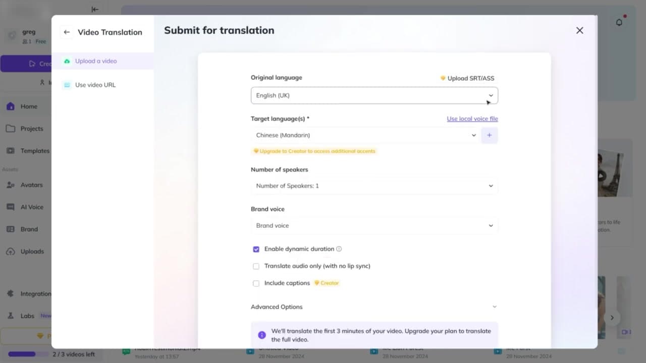 HeyGen video translation settings panel