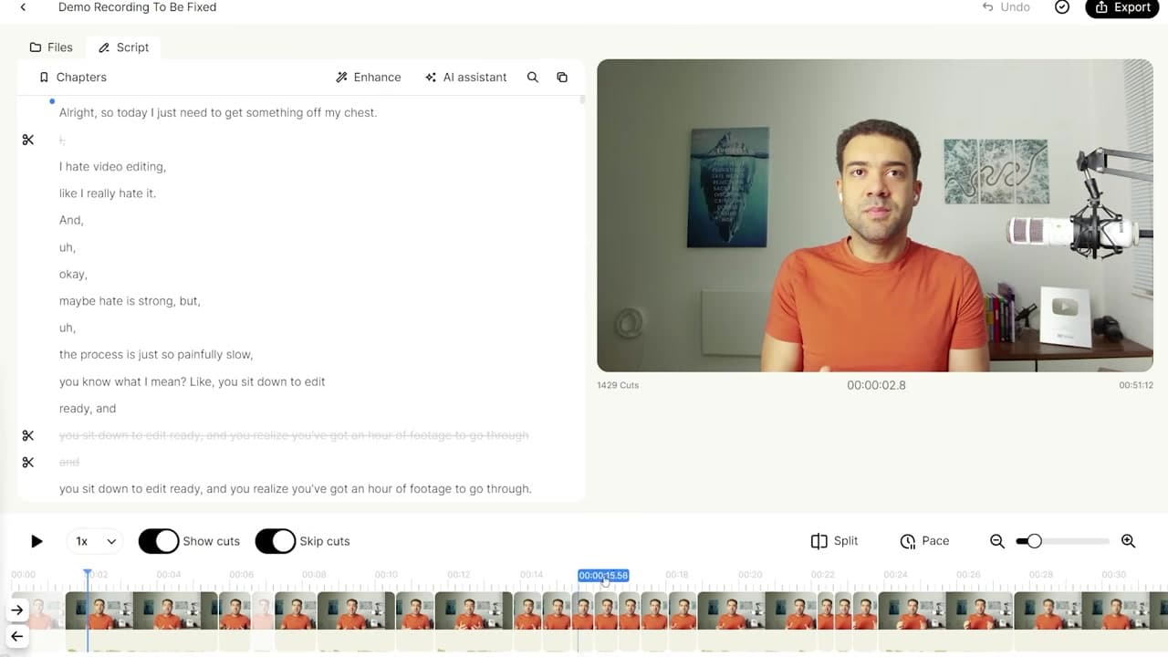 The Gling AI workspace featuring text-based editing on the left and timeline on the bottom
