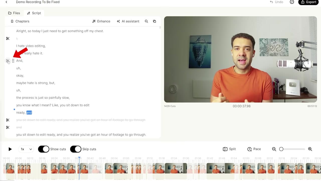 Manually trimming a sentence in Gling AI using the text editing tools