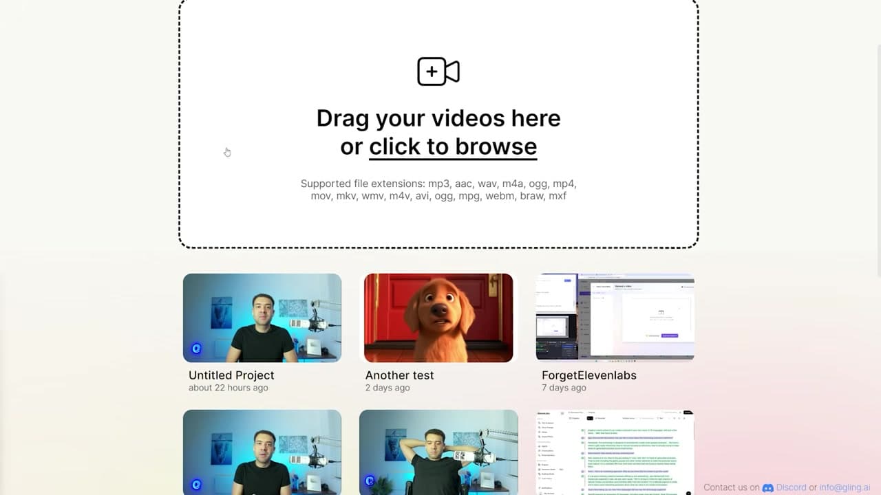 Uploading raw video footage into the Gling AI desktop application interface
