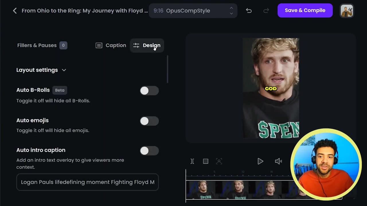 OpusClip caption design settings panel