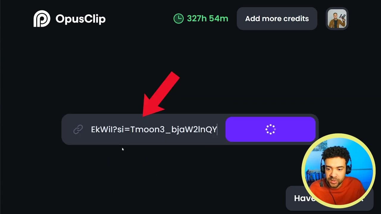 Pasting long-form video URL into the OpusClip dashboard